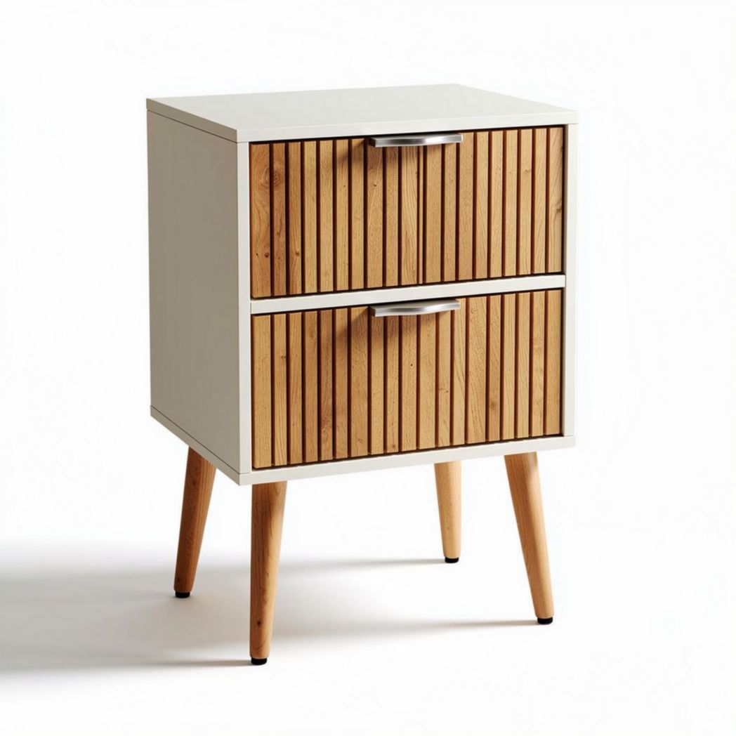 Wooden nightstand with two drawers and slatted design 40 x 30 x 60cm