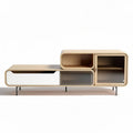 Modern wooden media console with sliding glass doors and open storage 150 x 40 x 50cm