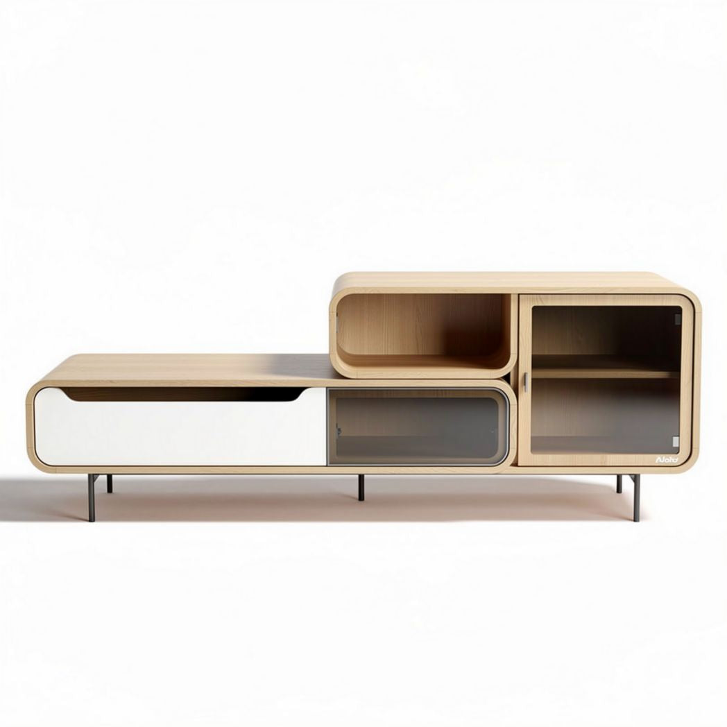 Modern wooden media console with sliding glass doors and open storage 150 x 40 x 50cm
