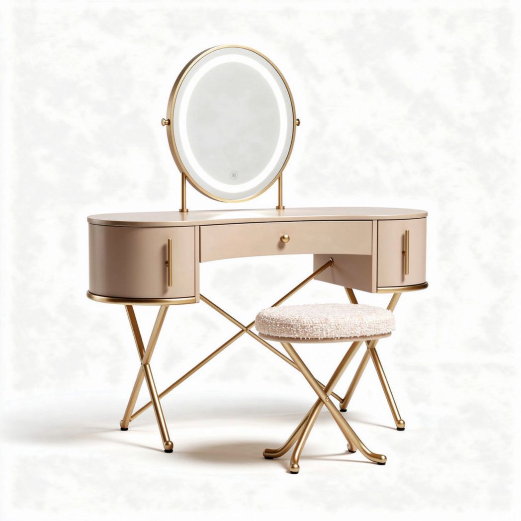 Vanity table with round mirror and gold frame 120 x 40 x 80cm