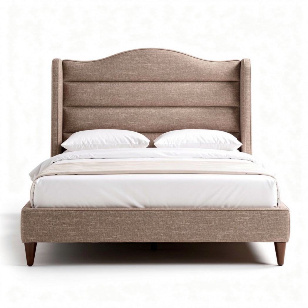 Upholstered bed frame with wingback headboard in light brown fabric 200 x 160 x 120cm