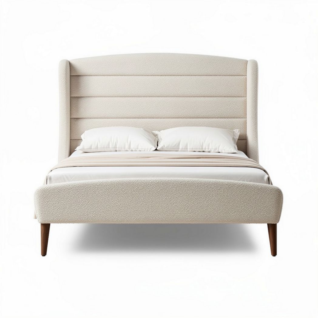 Upholstered queen bed frame with winged headboard and wooden legs 200 x 160 x 100cm