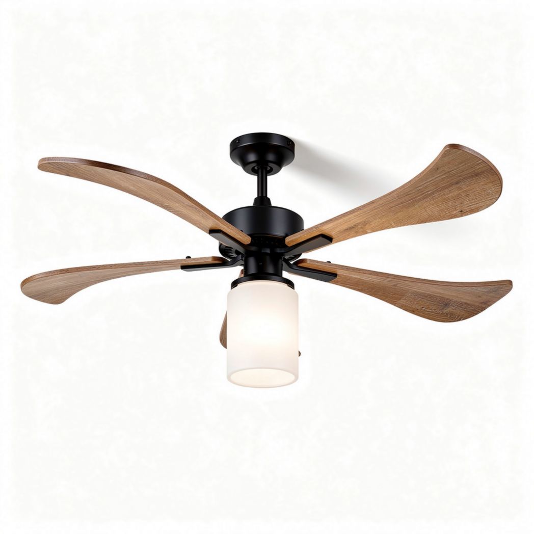 Modern ceiling fan with four wooden blades and integrated light fixture 52 x 52 x 30cm