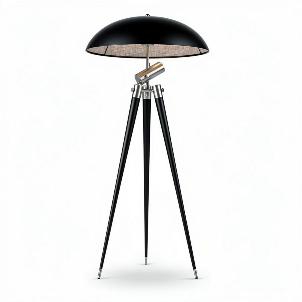 Black tripod floor lamp with metal shade and adjustable light height