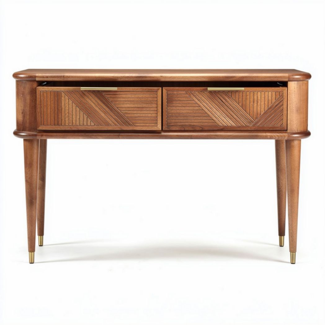 Wooden console table with geometric drawer design in walnut finish 120 x 50 x 75cm