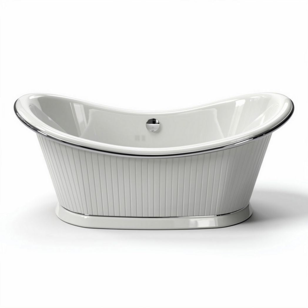 Freestanding white acrylic bathtub with chrome overflow and modern design 150 x 75 x 60cm