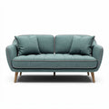Two-seater sofa in blue fabric with wooden legs and two cushions