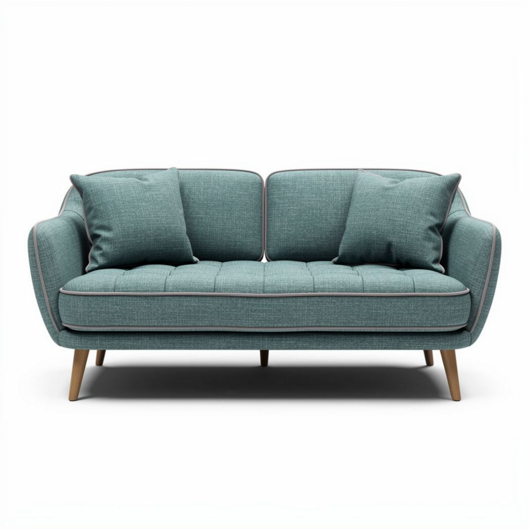 Two-seater sofa in blue fabric with wooden legs and two cushions