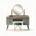 Vanity table set with round mirror and stool in wood and green finish 80 x 40 x 75cm