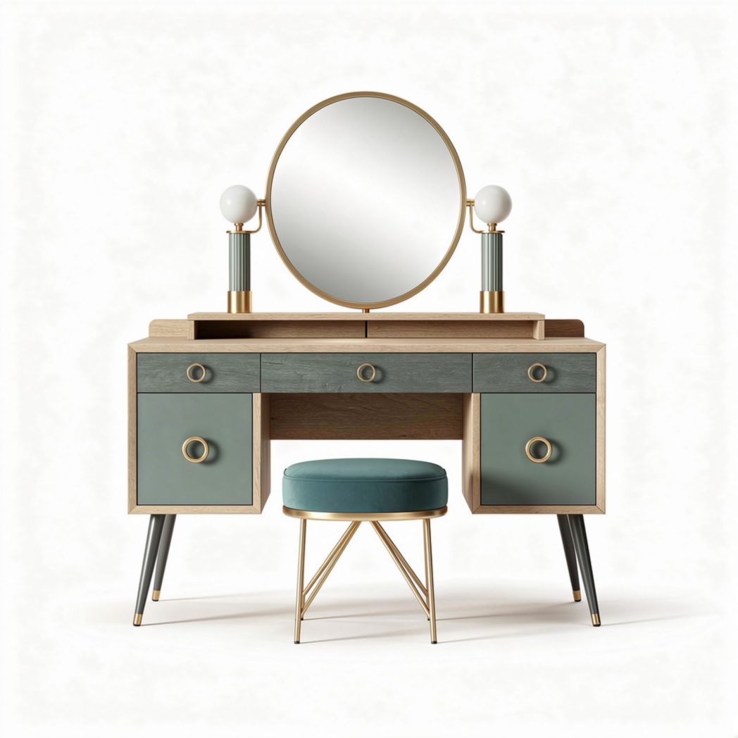 Vanity table set with round mirror and stool in wood and green finish 80 x 40 x 75cm