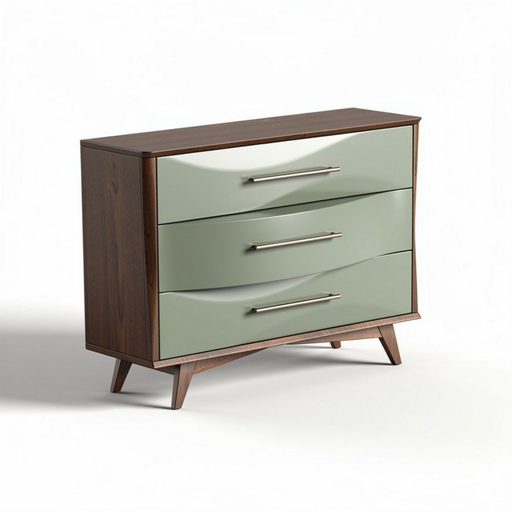 Three-drawer wooden chest with wave design in green and brown finish 80 x 40 x 75cm